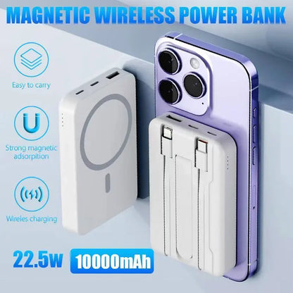4-In-1 Bracket Magnetic Power Bank with Built-In Cable-Power Bank with Built-In Cable-Magnetic Power Bank 10000Mah with Phone Holder Wireless Portable Charger USB-C Cable Compatible Iphone 12 13 14 15 plus Pro Max Series