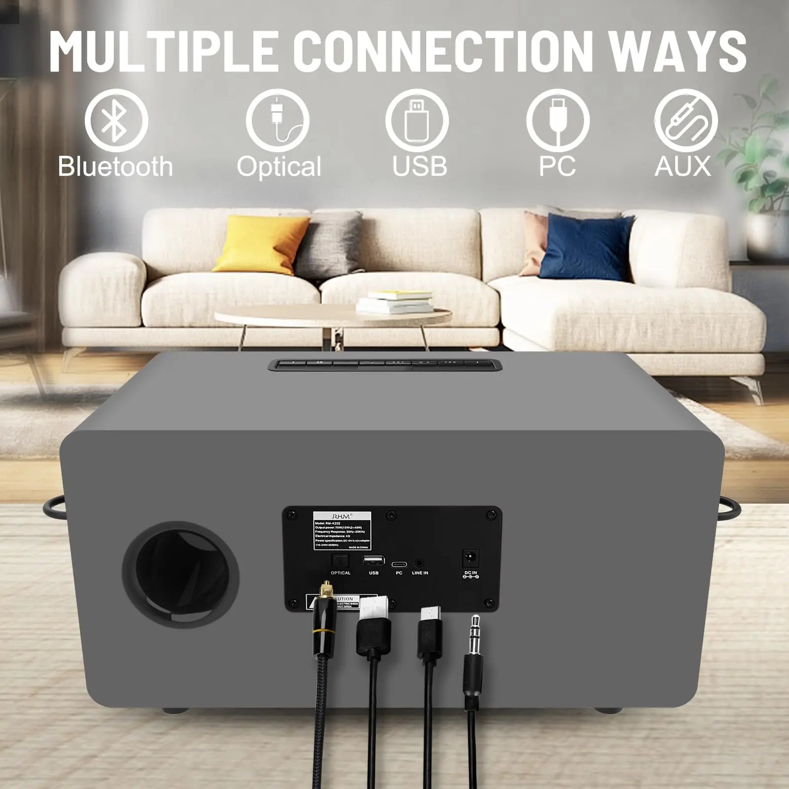 RHM K-222 Karaoke Machine with 2 UHF Wireless Microphones Stereo, Bluetooth Speaker Subwoofer Optical Fiber, Bluetooth, AUX, USB, PC, Suitable for Home Party, Meeting