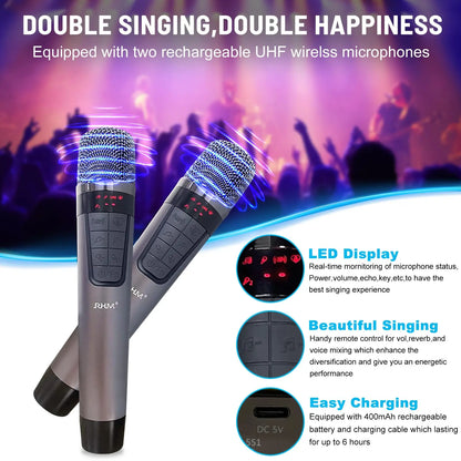 RHM K-222 Karaoke Machine with 2 UHF Wireless Microphones Stereo, Bluetooth Speaker Subwoofer Optical Fiber, Bluetooth, AUX, USB, PC, Suitable for Home Party, Meeting