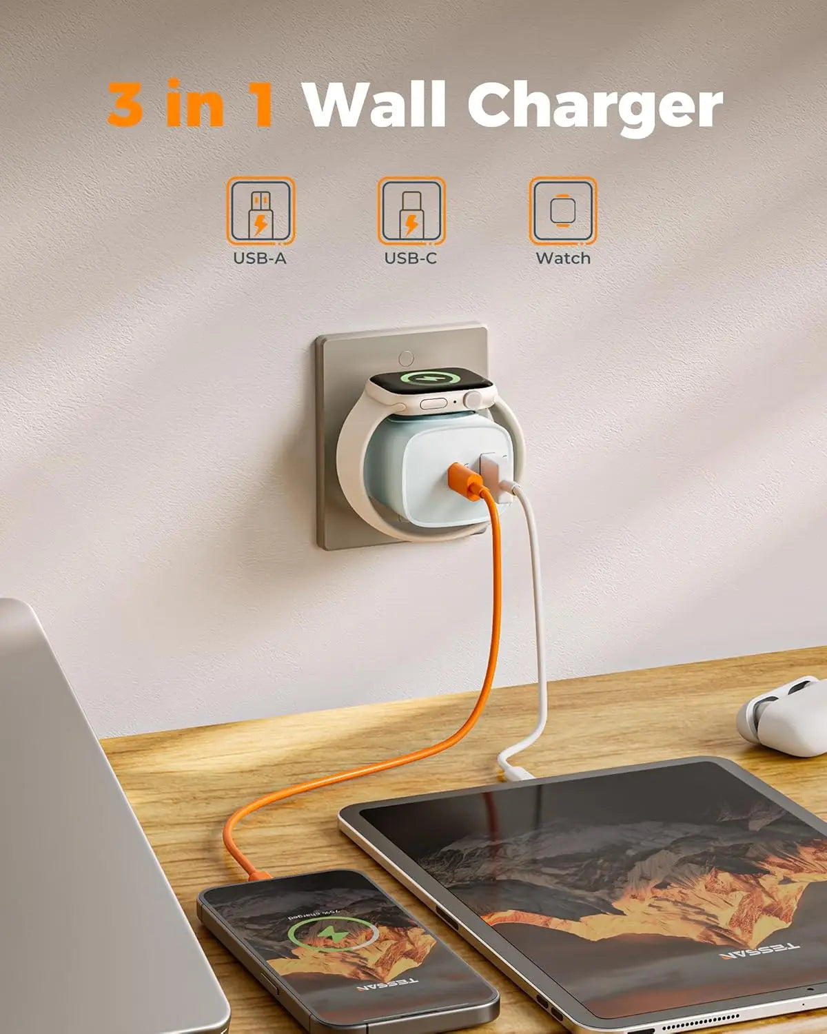 Charging Blocks for Apple Watch, 3-In-1 PD 20W USB C Charger Block with Built-In Wireless Watch Charging, Dual Ports Wall Charger Compatible with Iphone,Iwatch