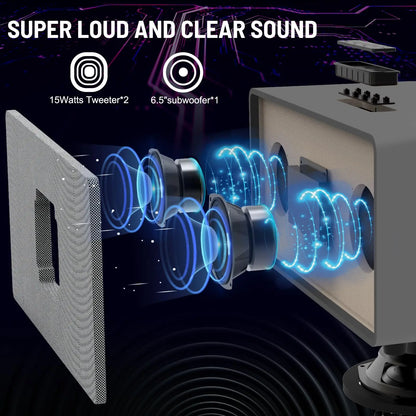 RHM K-222 Karaoke Machine with 2 UHF Wireless Microphones Stereo, Bluetooth Speaker Subwoofer Optical Fiber, Bluetooth, AUX, USB, PC, Suitable for Home Party, Meeting