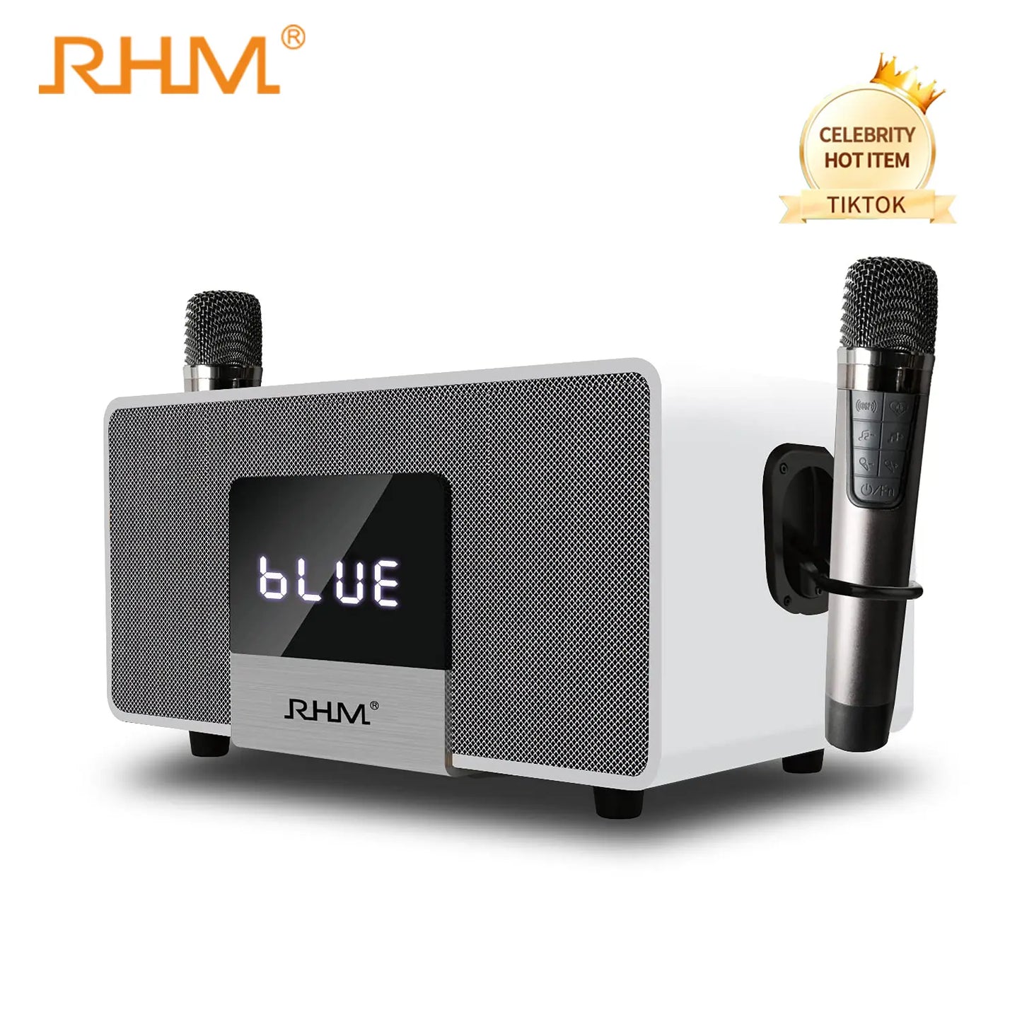 RHM K-222 Karaoke Machine with 2 UHF Wireless Microphones Stereo, Bluetooth Speaker Subwoofer Optical Fiber, Bluetooth, AUX, USB, PC, Suitable for Home Party, Meeting